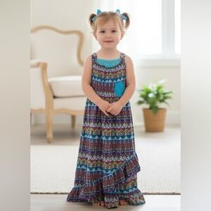 Pink & violet maxi dress girls size 4 blue tribal crochet short sleeve lining
